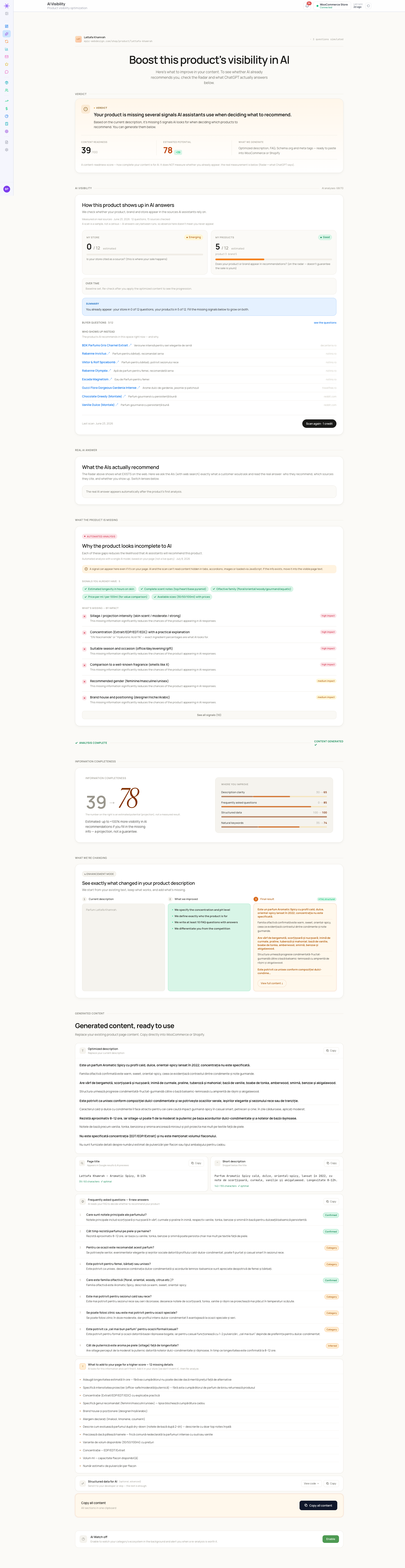 AI Visibility, per product — the signals AI assistants look for, what your product is missing, and ready-to-use optimized content (shown in the MagicDots dashboard).