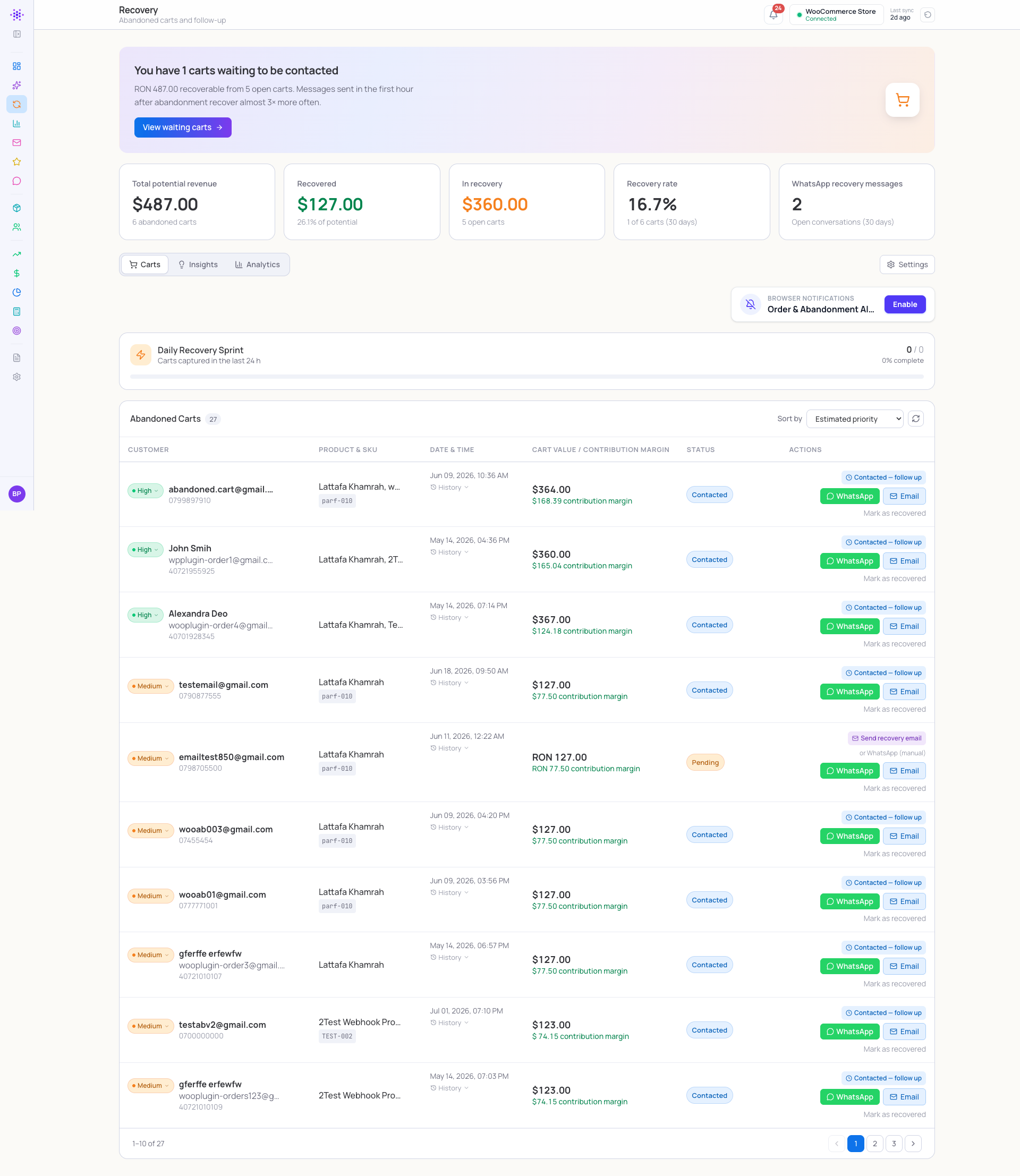 Cart Recovery — abandoned carts with contribution margin and one-click email or WhatsApp follow-up (shown in the MagicDots dashboard).