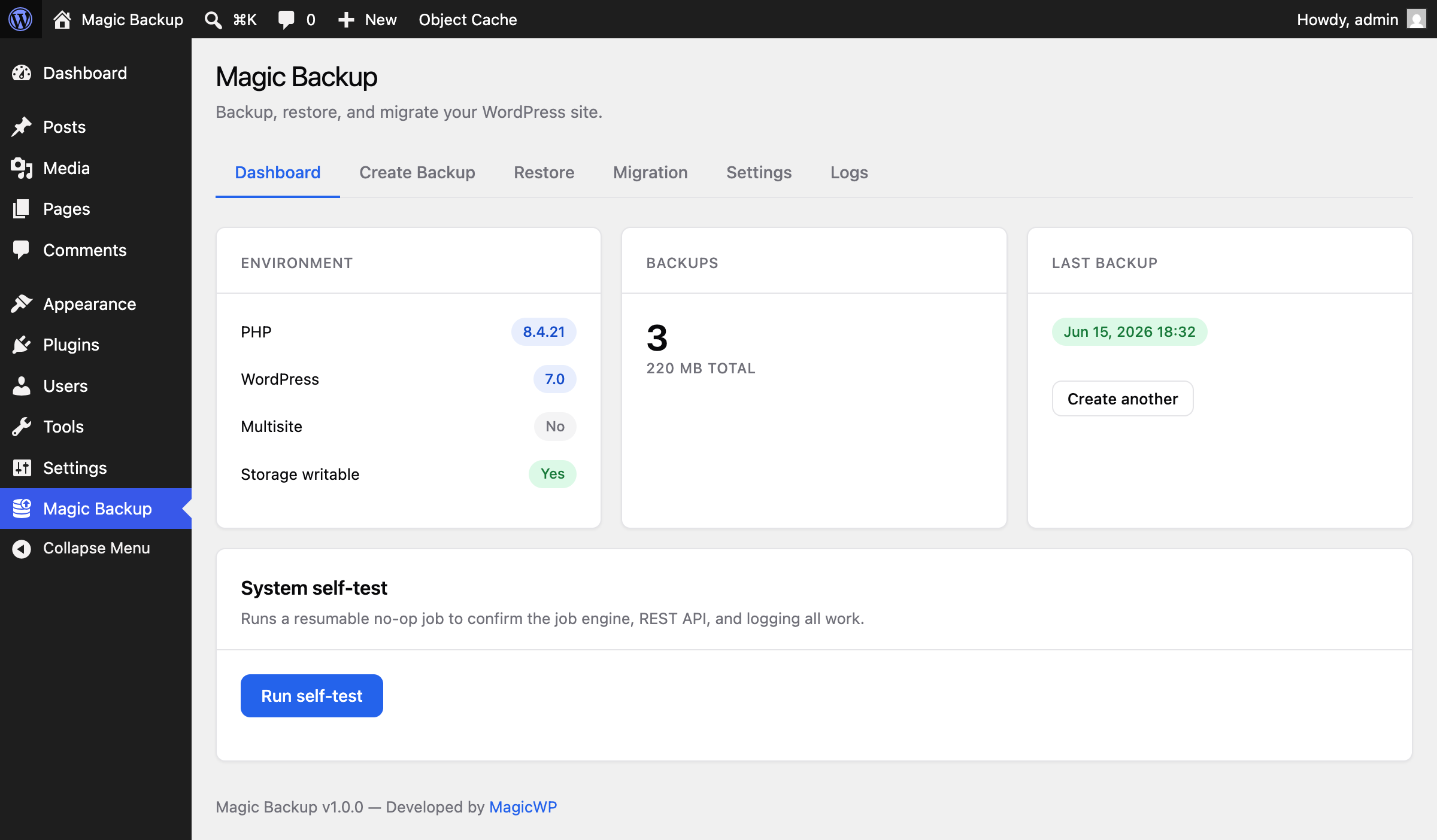 Dashboard — environment check, backups summary, last backup, and a one-click system self-test.