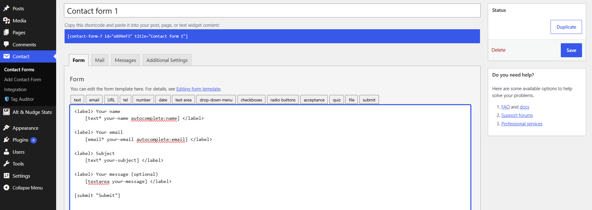 Contact Form 7 form editor interface.