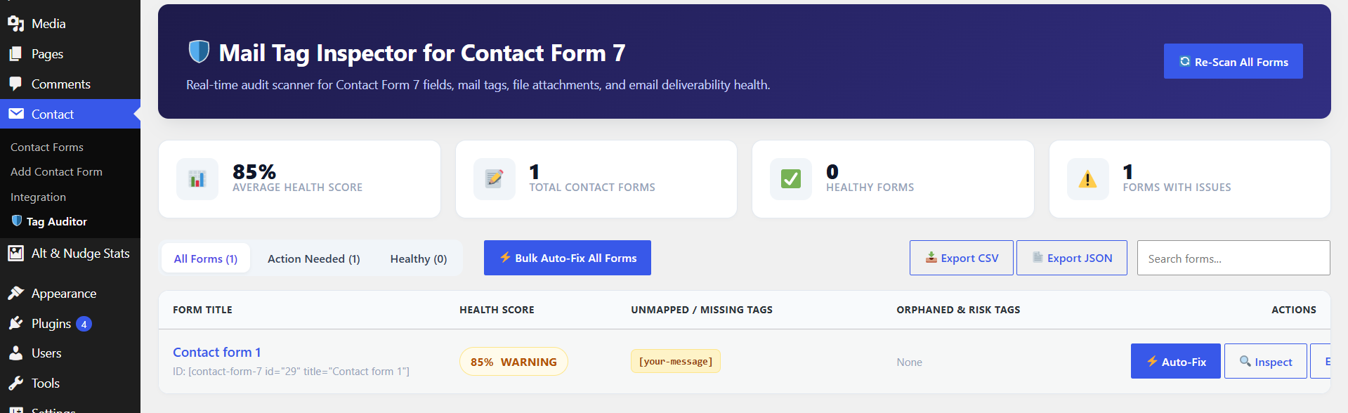 Main Tag Auditor health dashboard showing overall health score, form audit list, unmapped tag warnings, and export options.