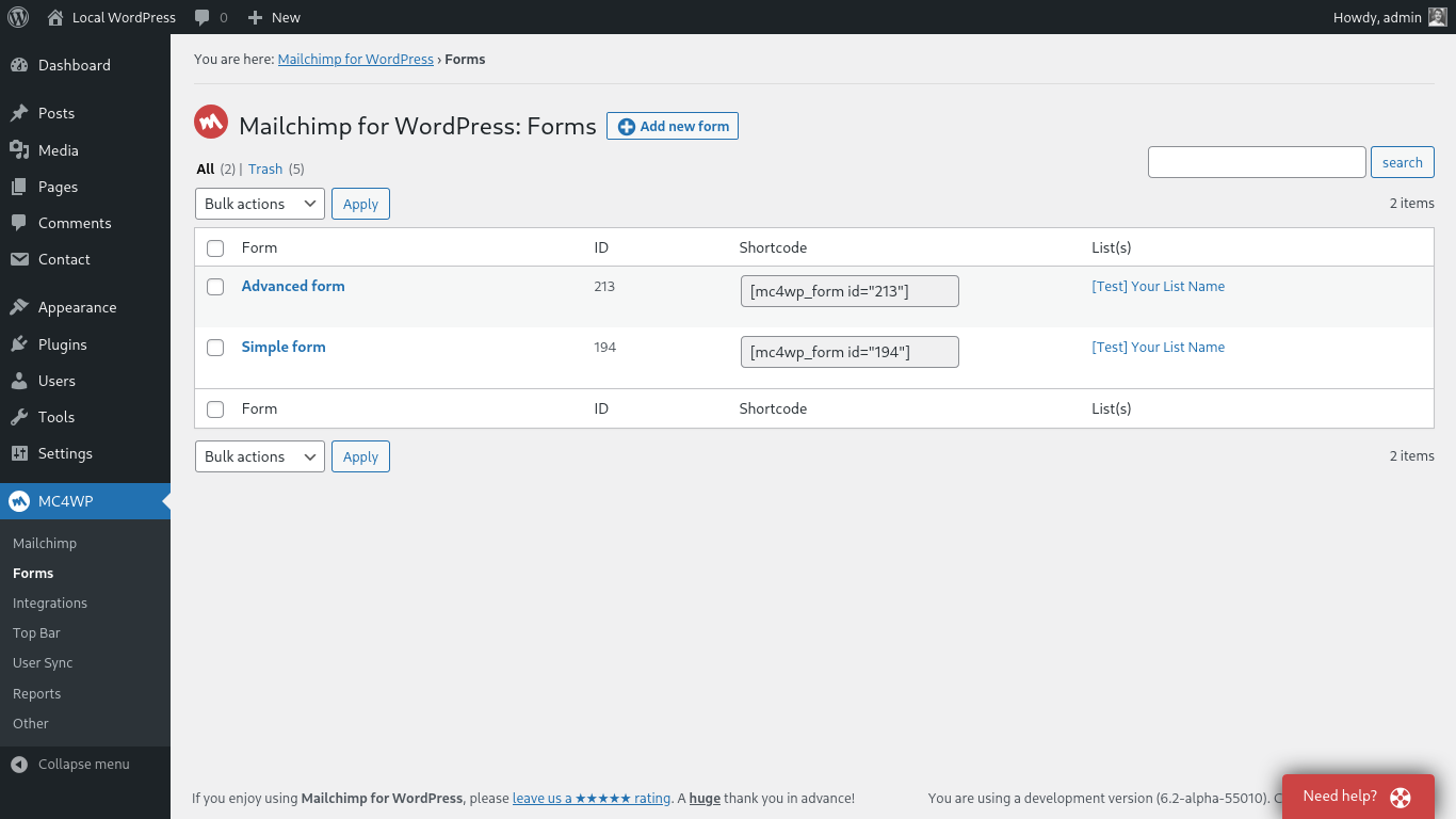 Overview of sign-up forms.