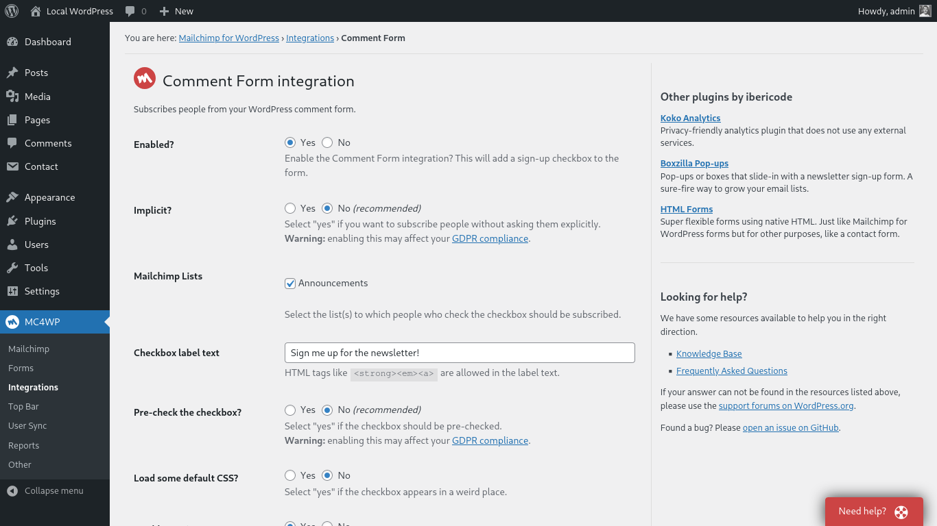 Settings page to configure an integration.