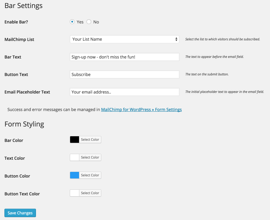 The settings page of the Mailchimp Top Bar plugin.