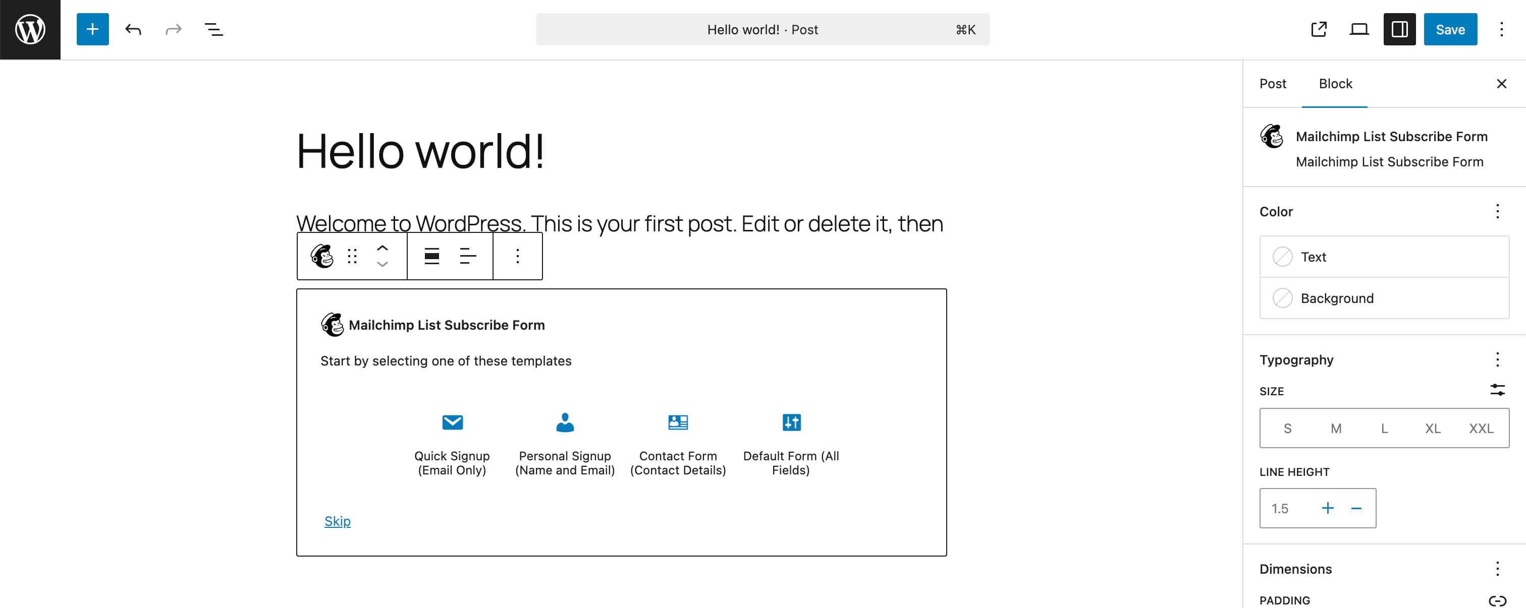 Mailchimp Block default state.