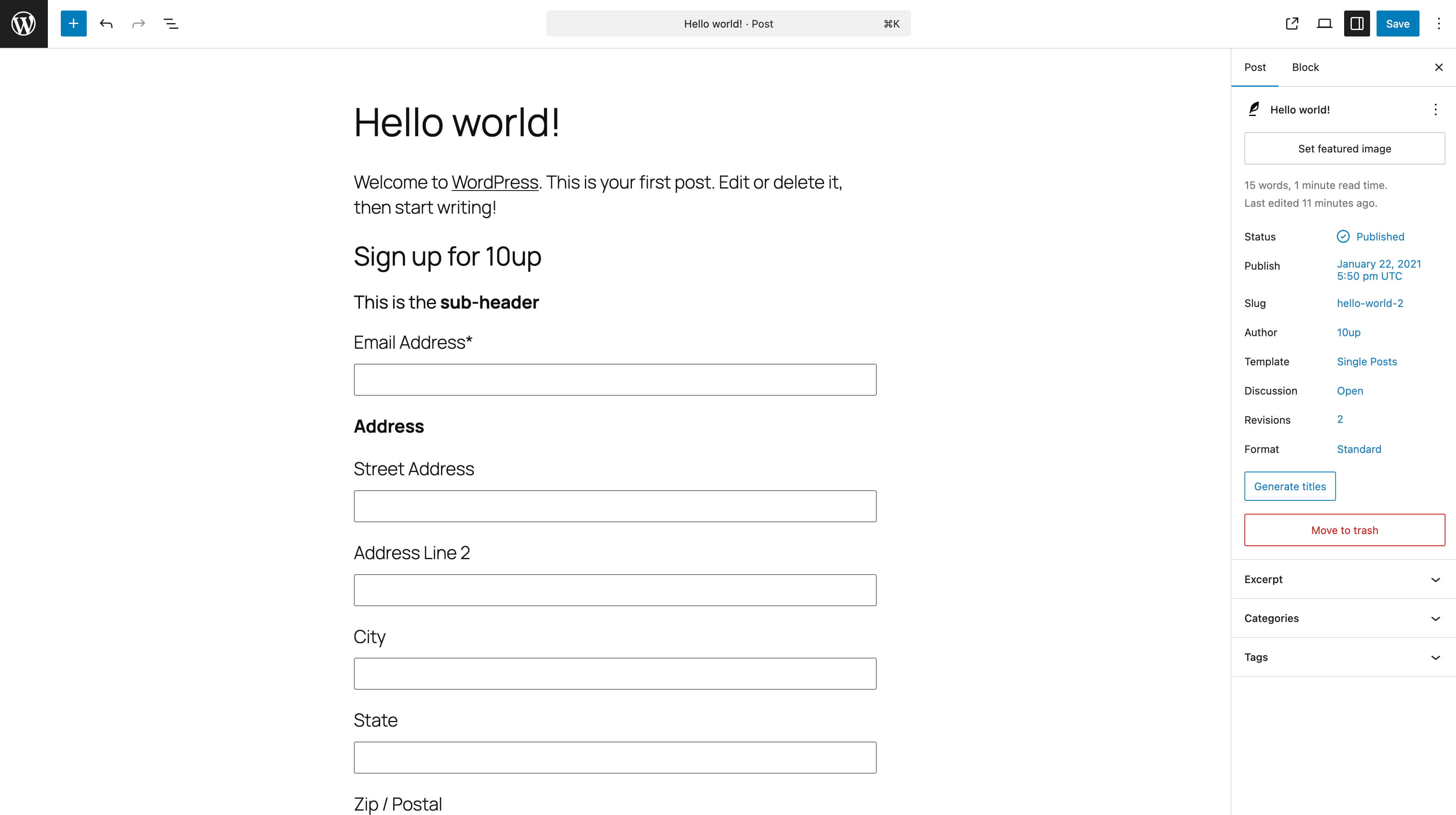 Mailchimp List Subscribe Form block previewing sign up form headers, fields, and button.