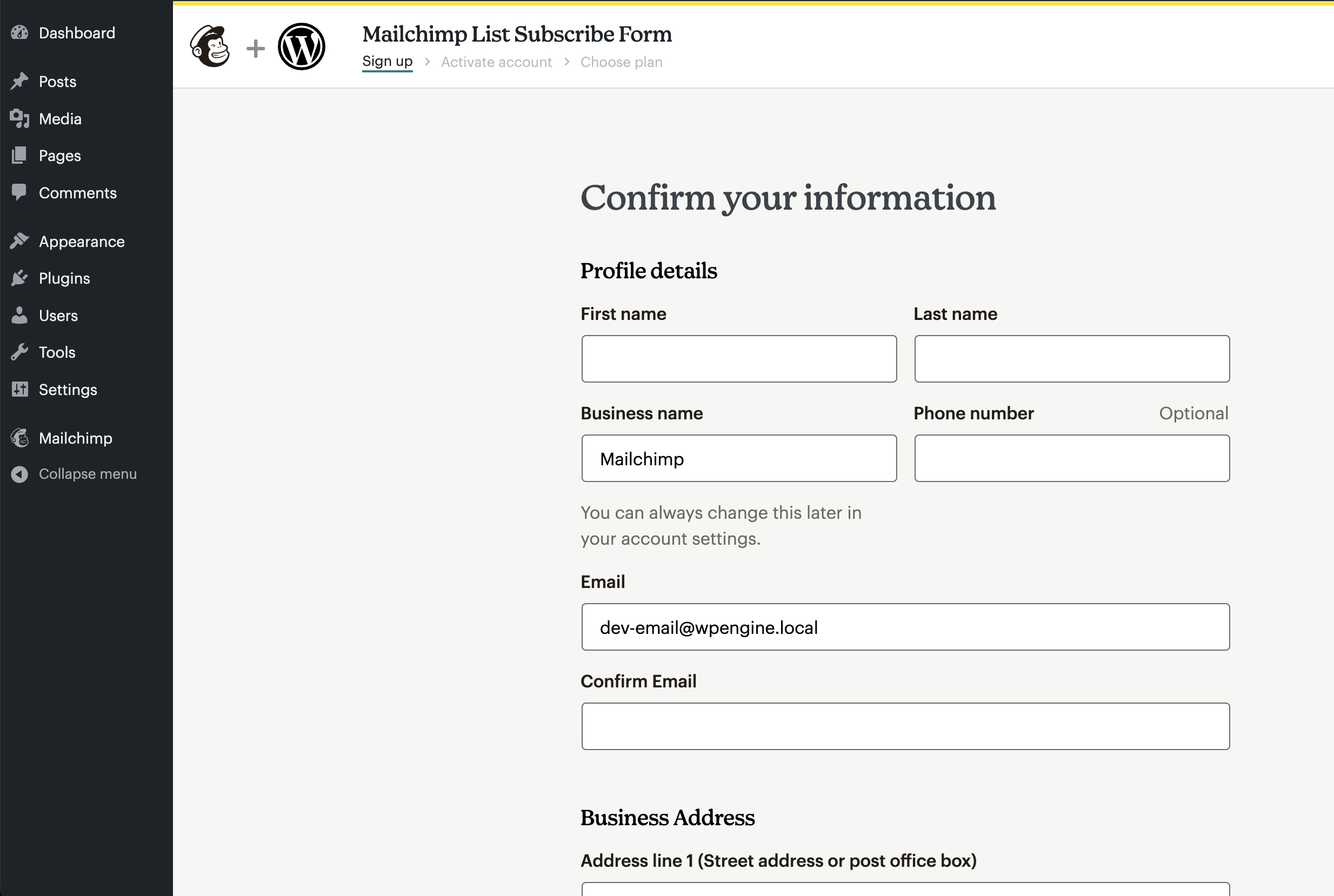 Creating a new Mailchimp account.