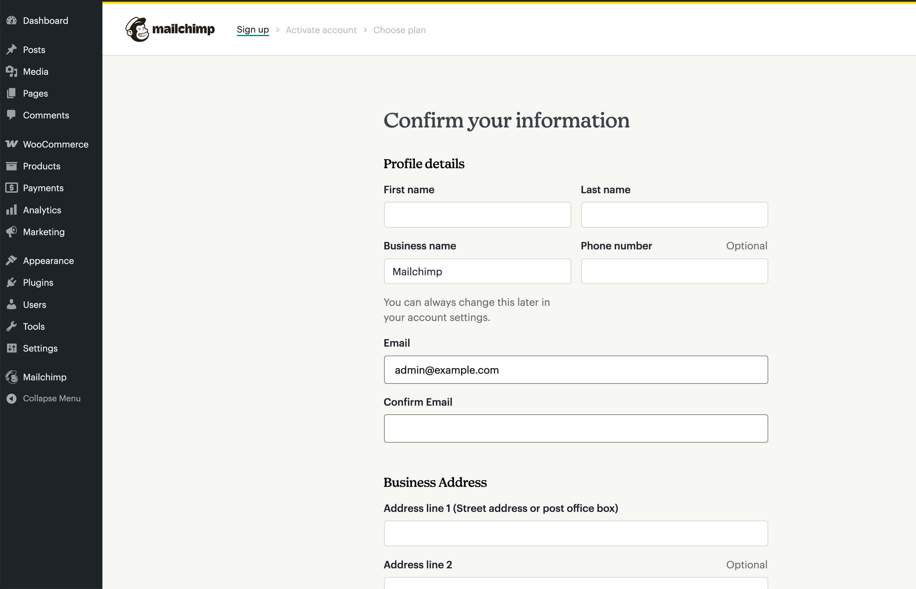 Creating a new Mailchimp account.