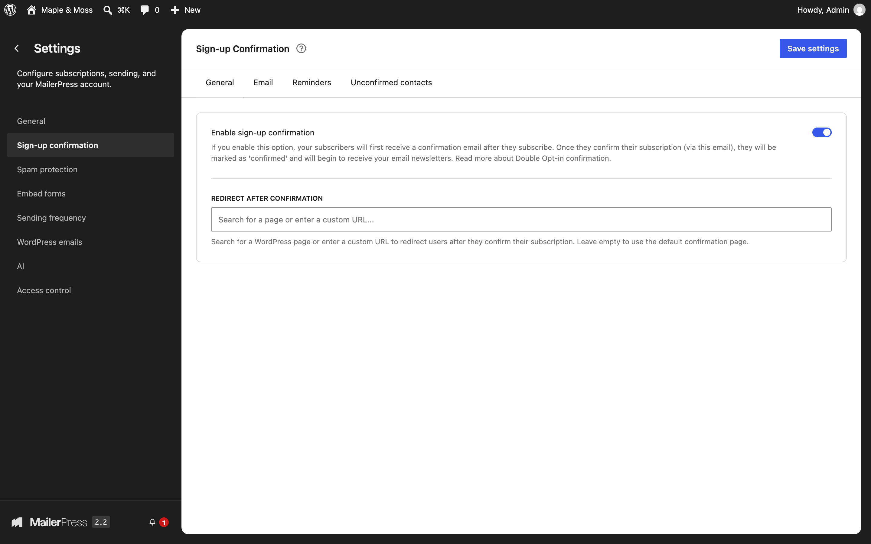Double opt-in settings.