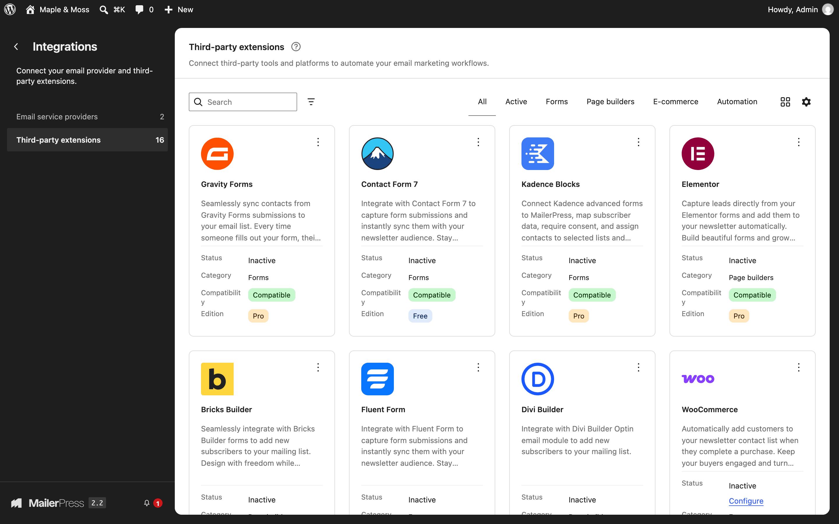 Integrations with form, page builder and e-commerce plugins.