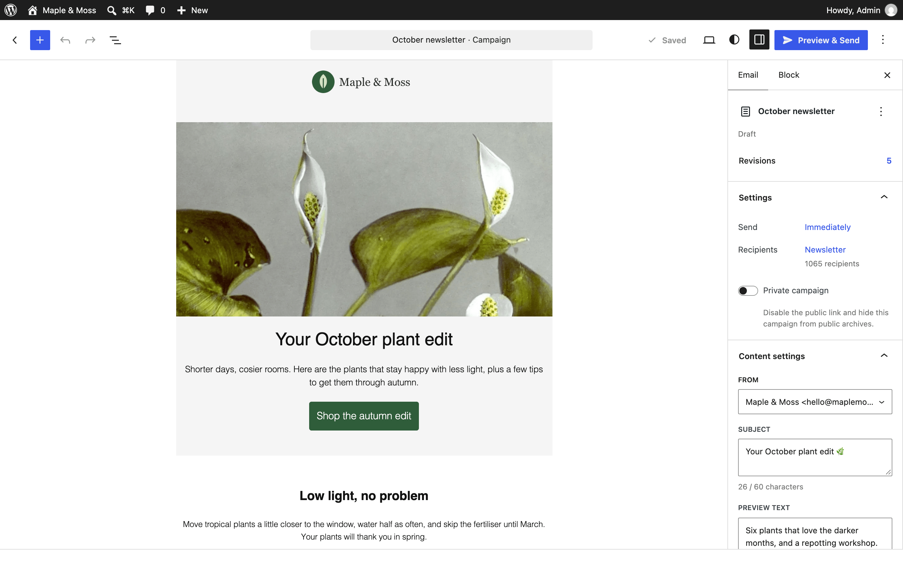 Email editor, with campaign settings in the sidebar.
