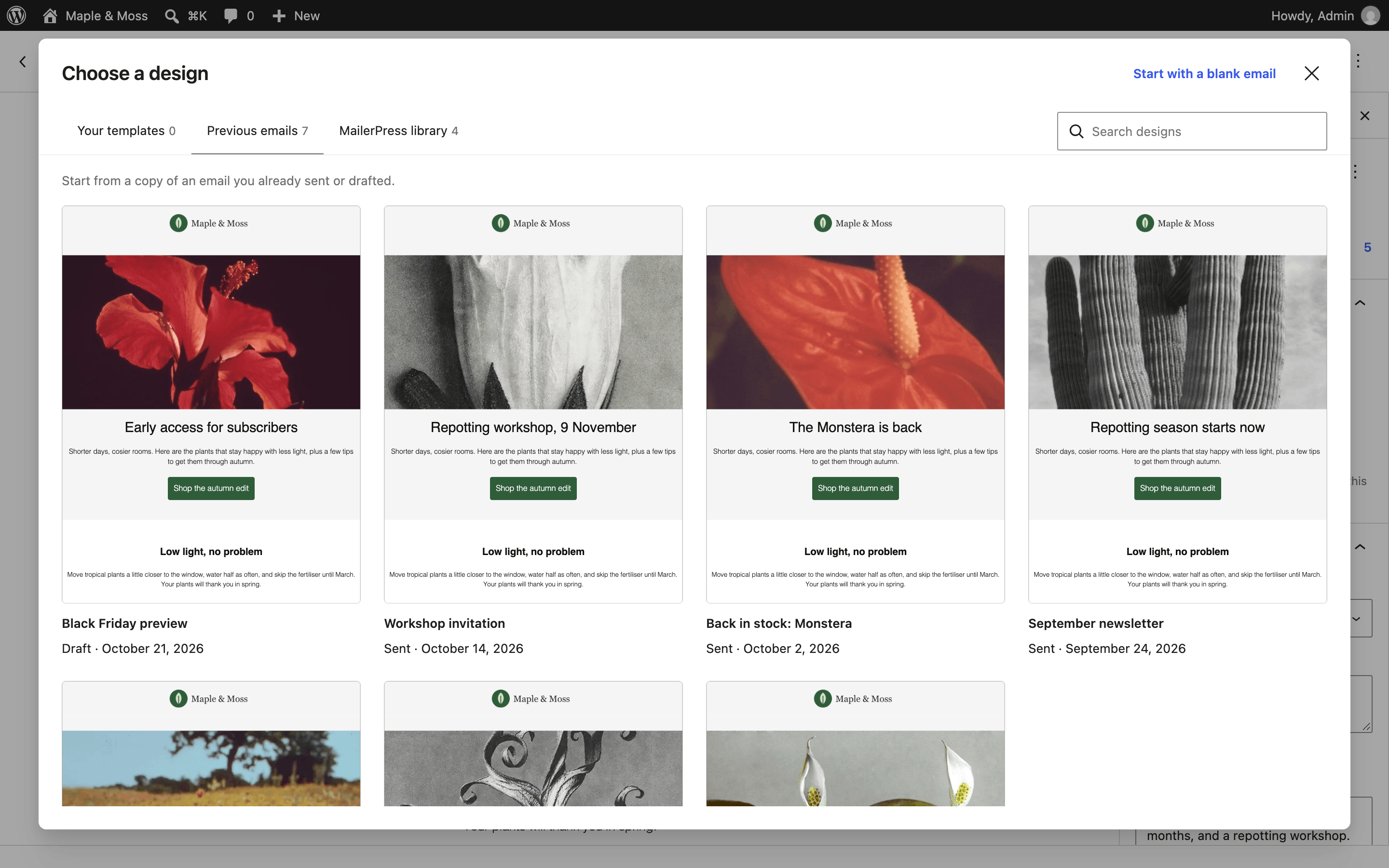 Choose a design: start from a saved template, a previous email or a starter design.