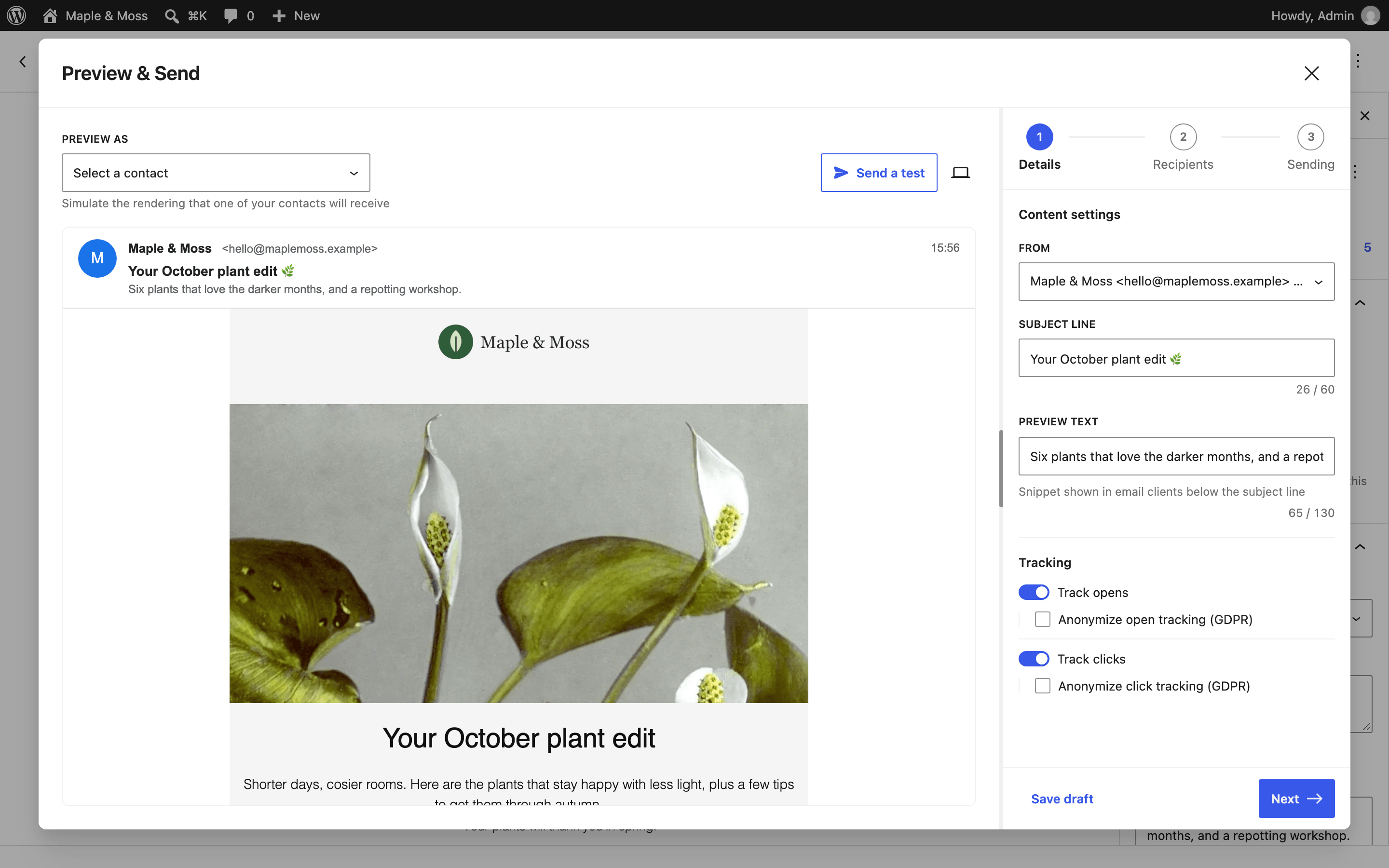 Preview & Send: check the inbox preview, subject line and tracking before sending.