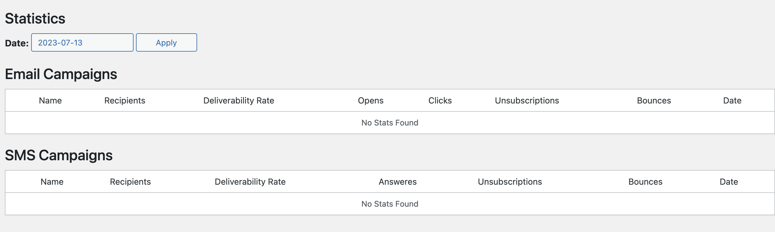 The Statistics page gives you a global view over your performance: delivered, opened, clicked, etc.