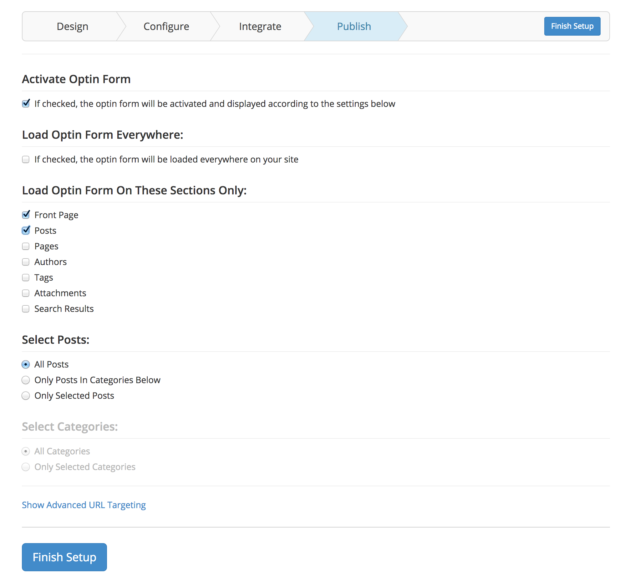 This is the final step where you can publish your optin form to all or selected posts, categories or pages