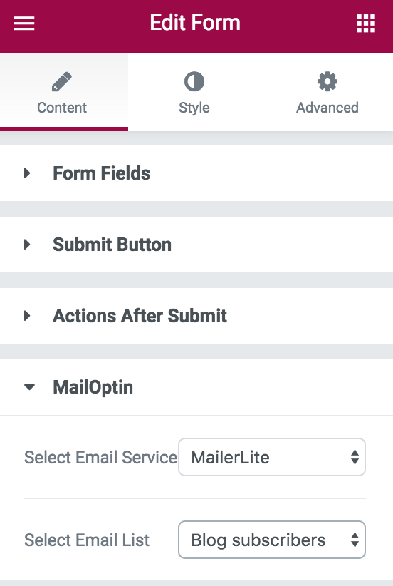 Elementor form integration with MailOptin