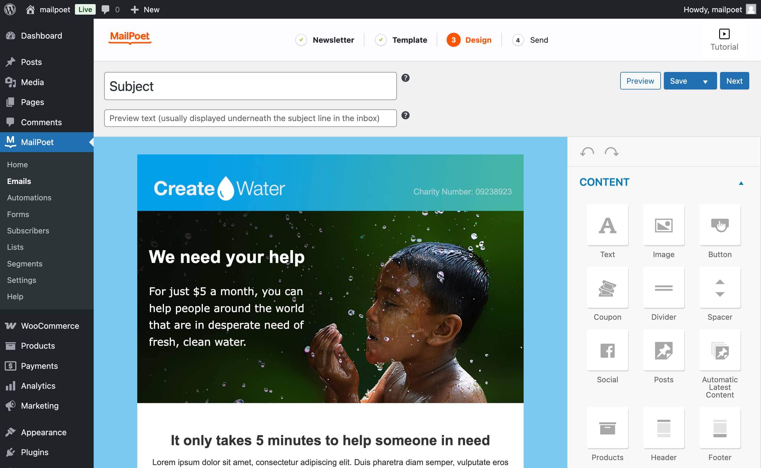 O designer de e-mail de arrastar e soltar