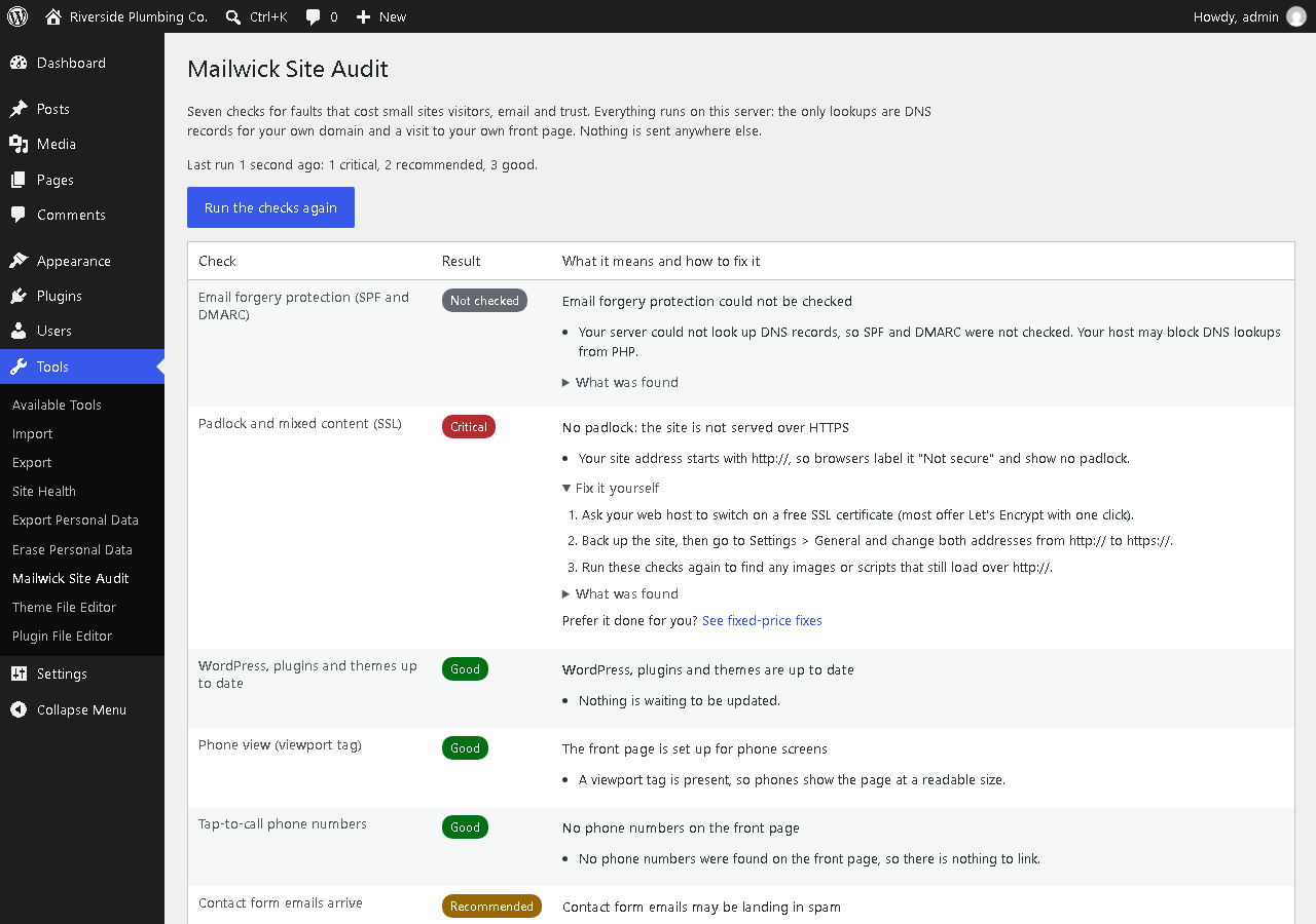 Tools > Mailwick Site Audit: every check with its result, the plain-English explanation and the evidence found.