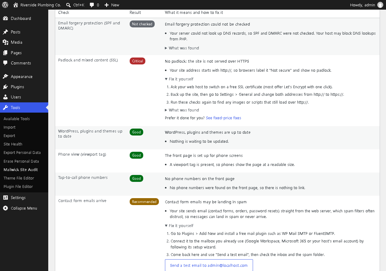 Each failing check comes with plain-English steps to fix it yourself, and a button to send a test email.