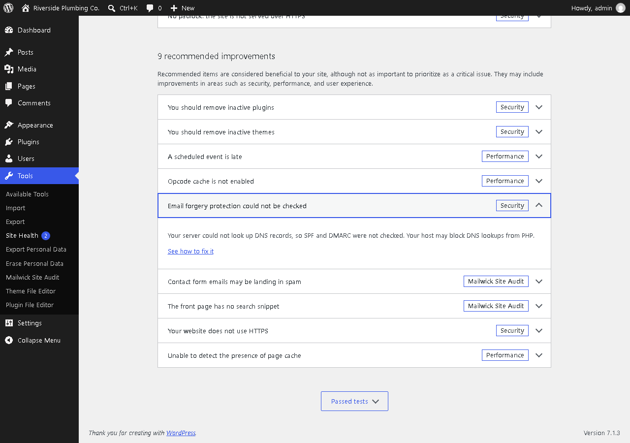 The checks inside Tools > Site Health.