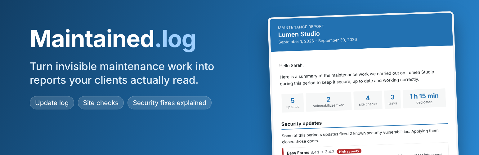 WordPress 外掛 Maintained.log – Maintenance Reports for Agencies & Clients 的封面圖片