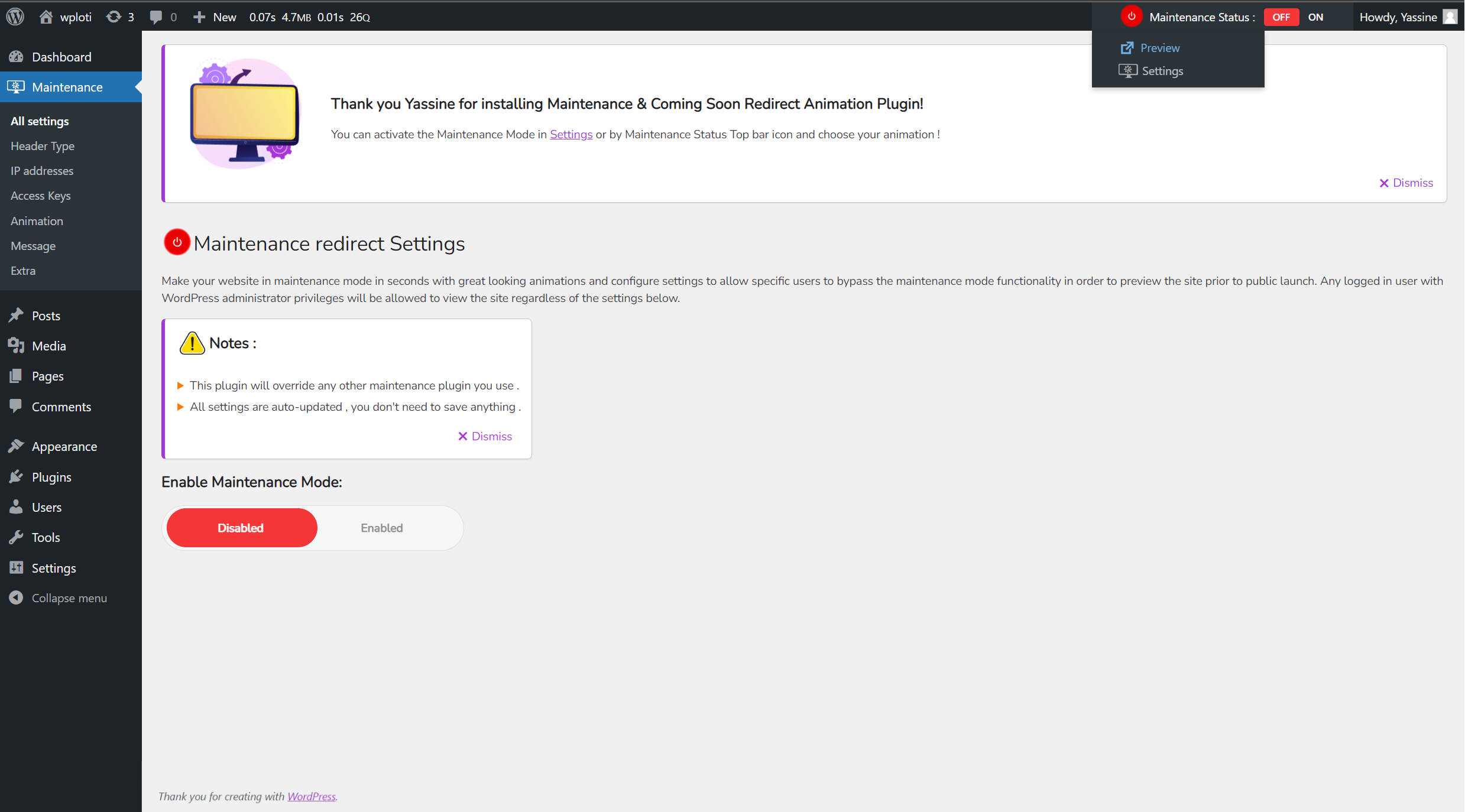 Welcome screen after installation / Maintenance Mode Disabled
