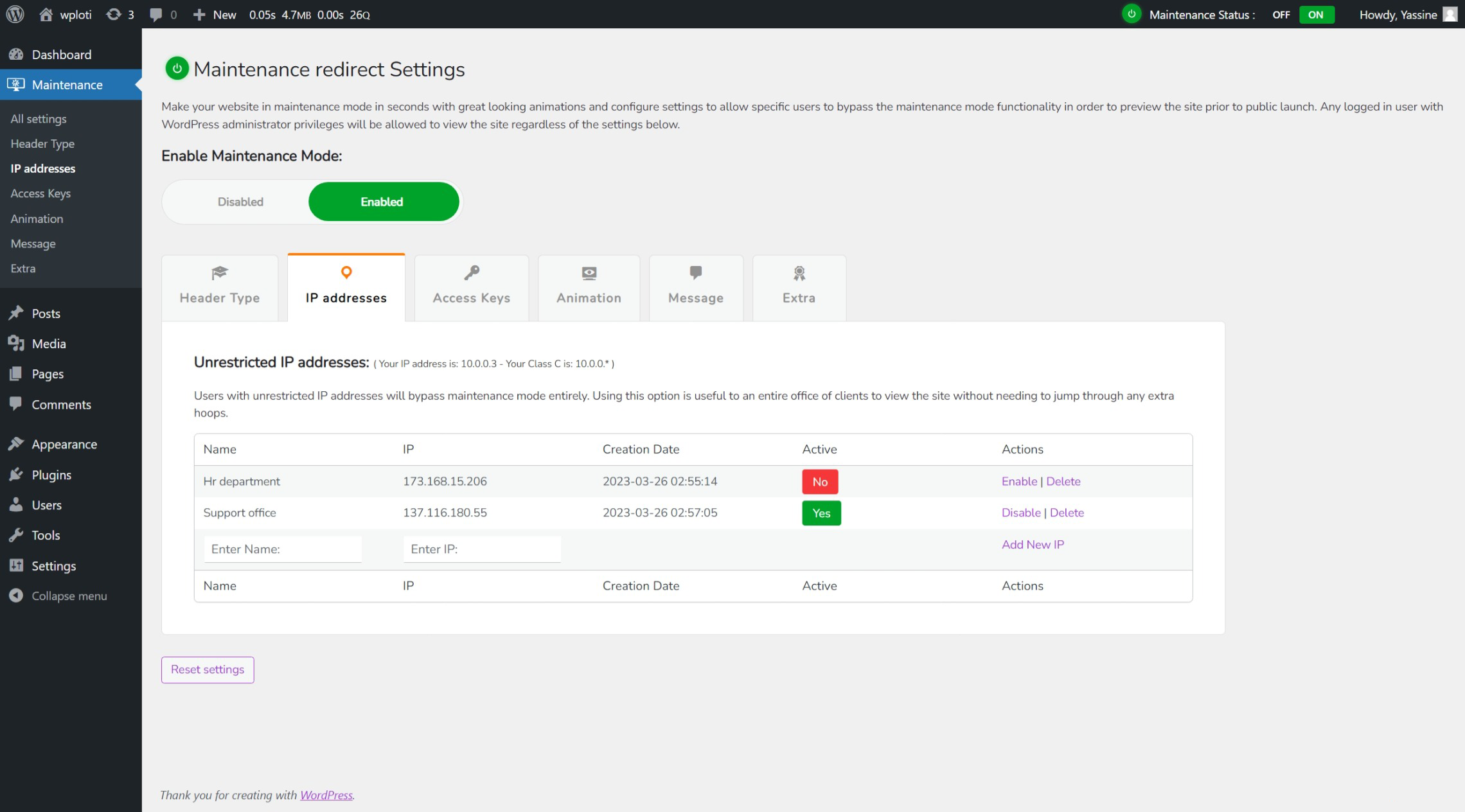 Unrestricted IP adresses Tab