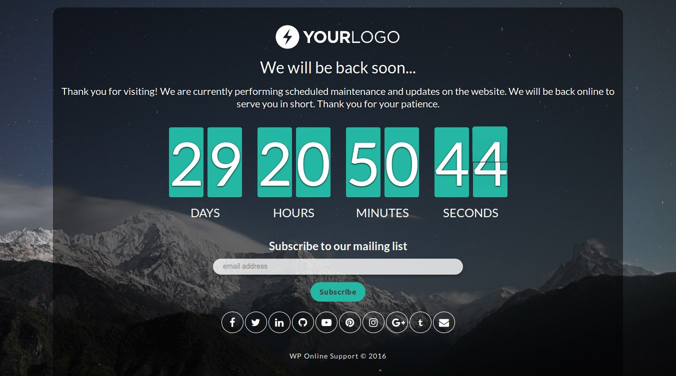 Maintenance mode or a coming soon page with countdown timer