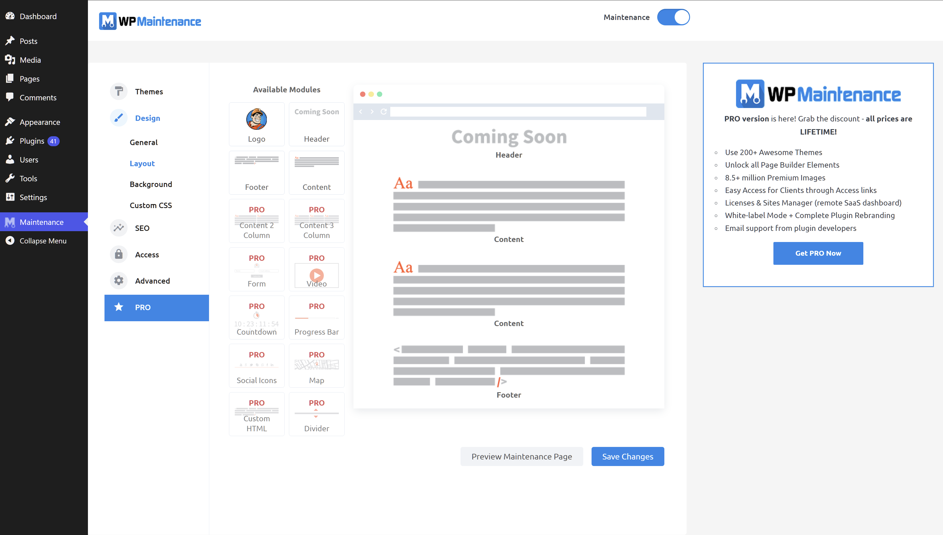 Maintenance plugin layout builder