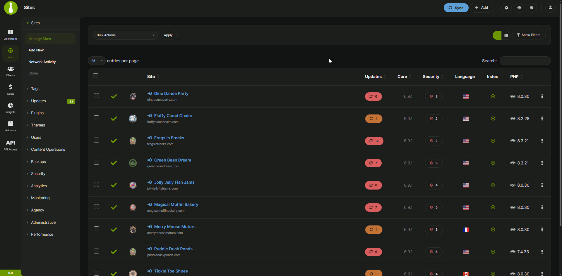 Sites - Dark Mode - Manage Sites