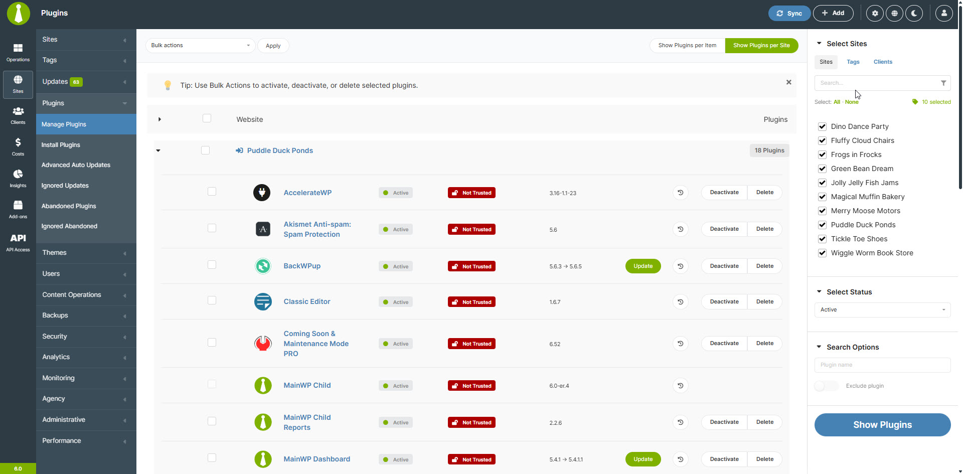 Sites - Manage Plugins
