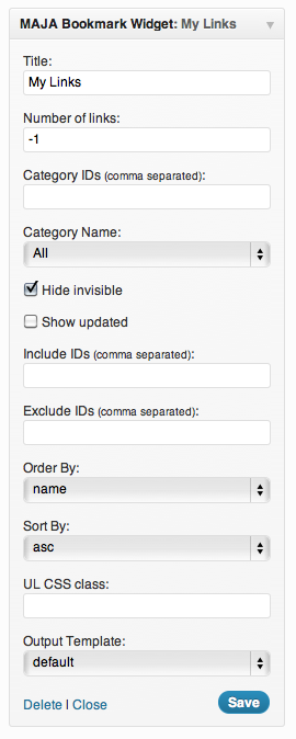 The Maja Bookmarks widget configuration interface.