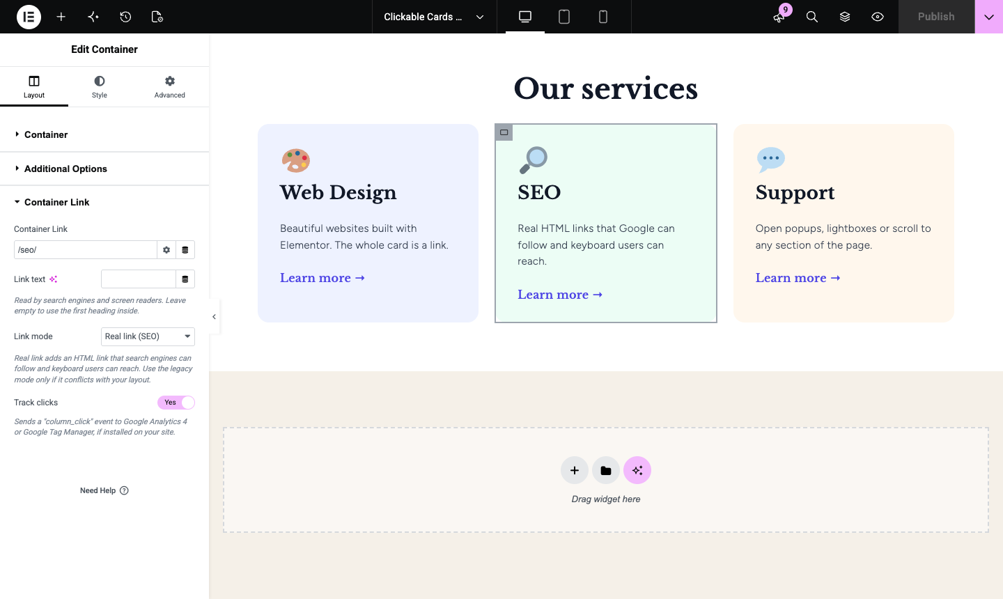The Container Link settings in the Elementor editor.