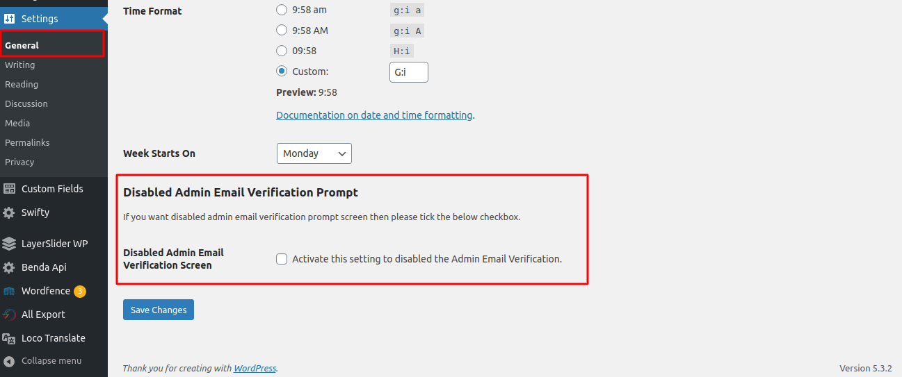 Display in Genearl in Settings Page.