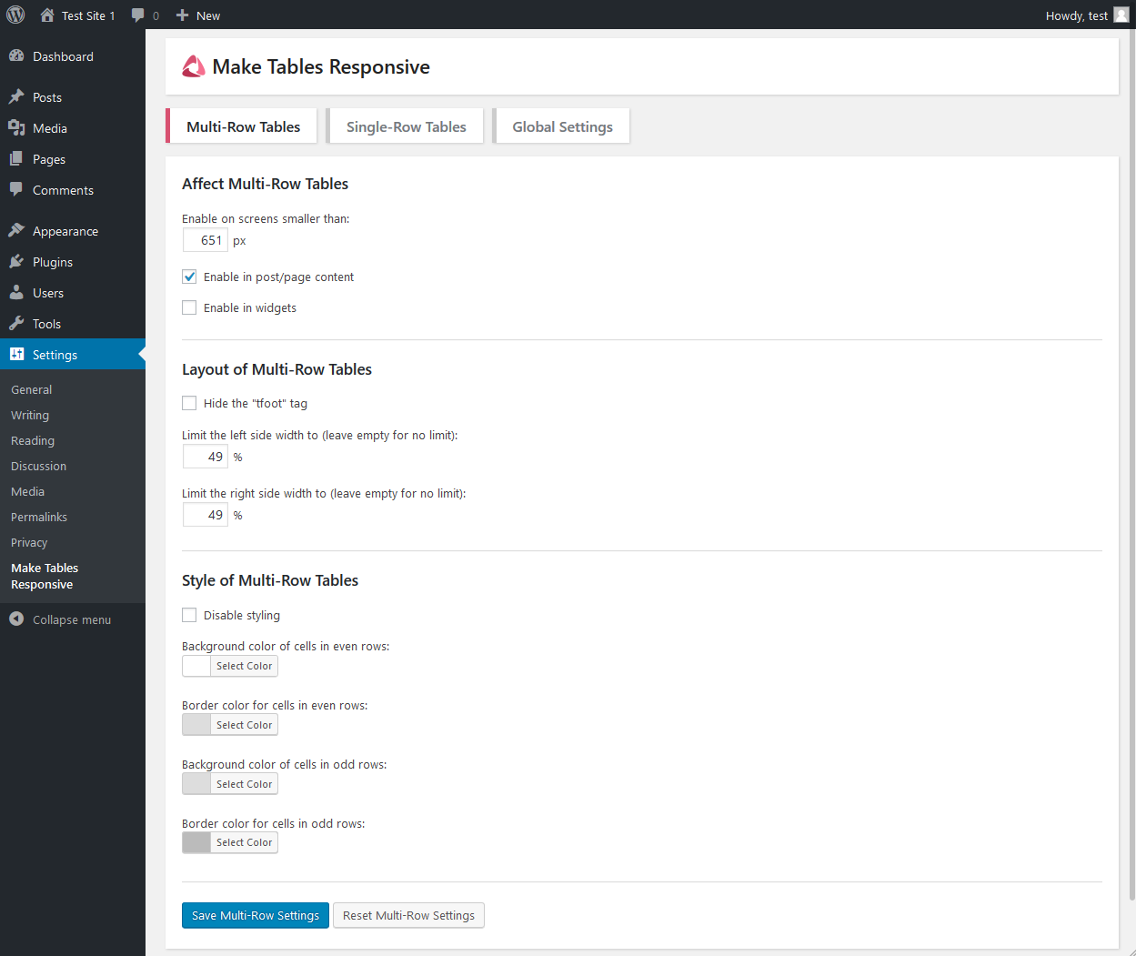 The multi-row tables settings tab.