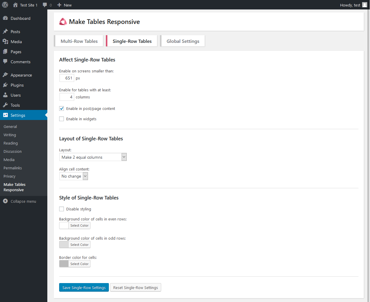 The single-row tables settings tab.