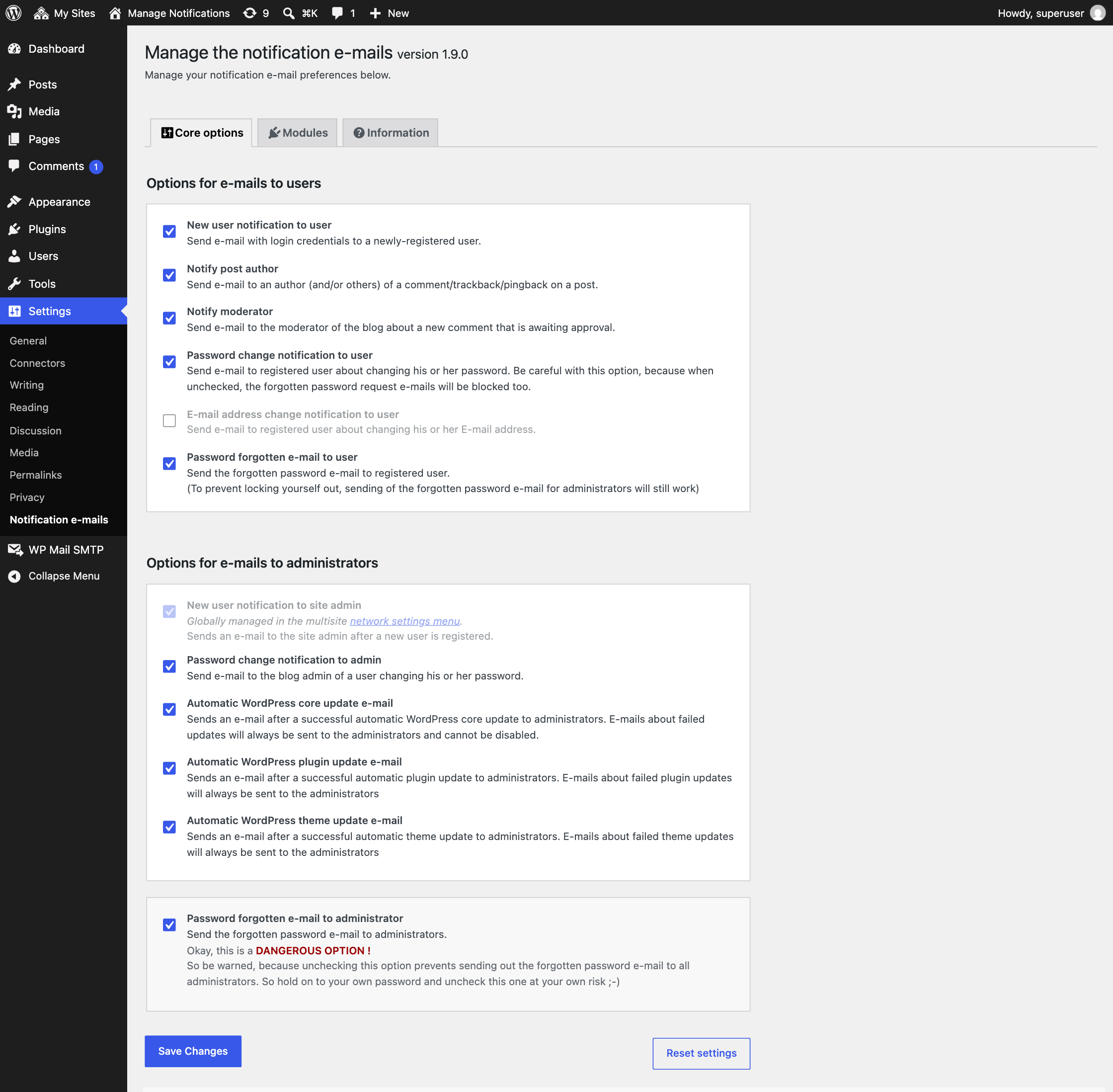 Settings view: Core options.