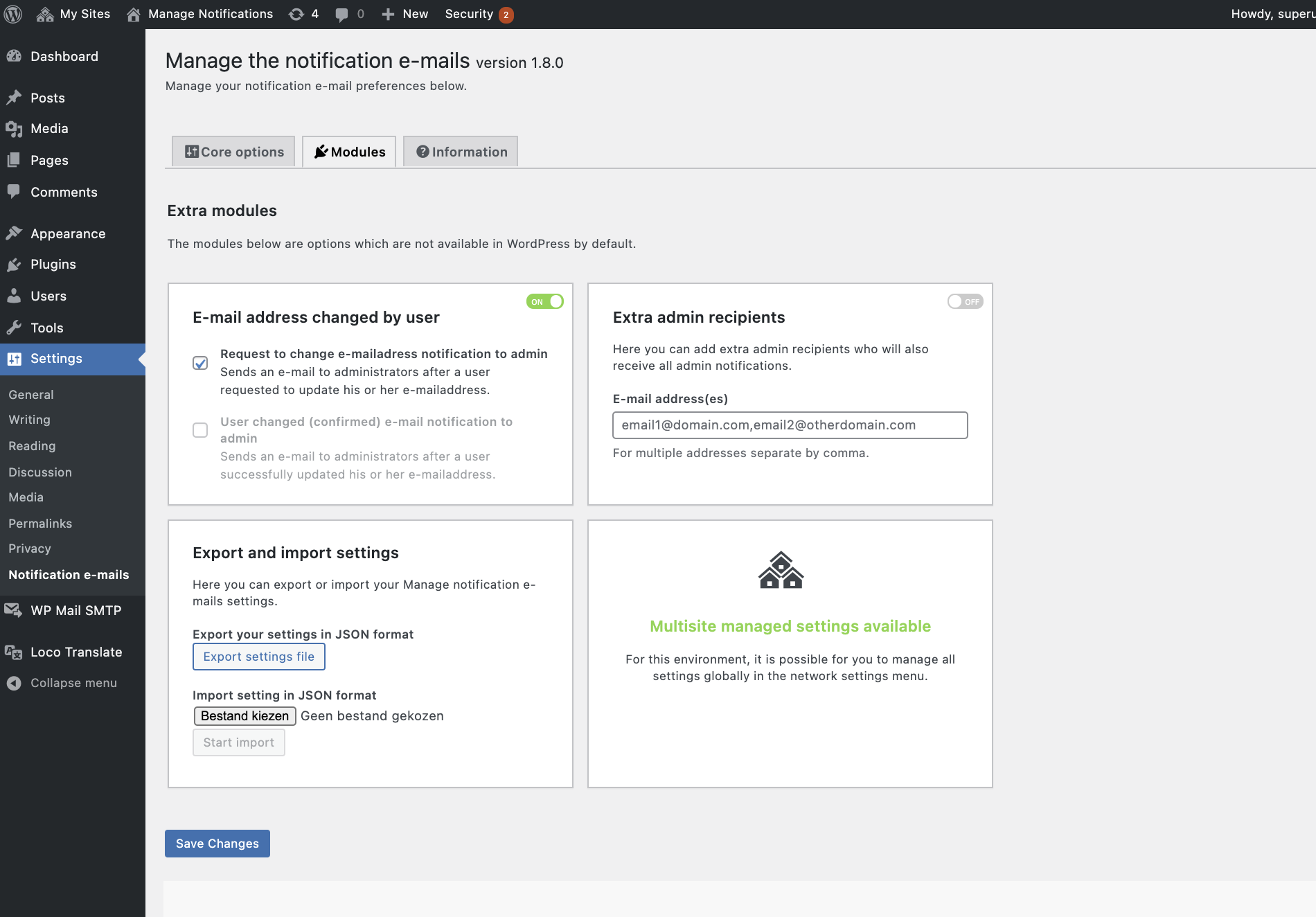 Settings view: Available modules.