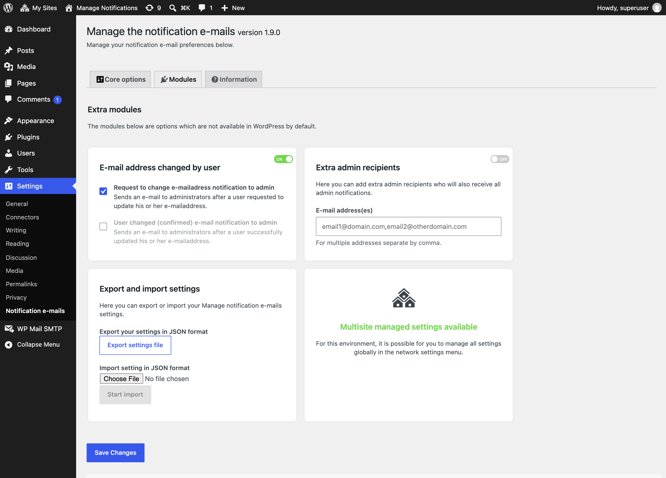 Settings view: Available modules.