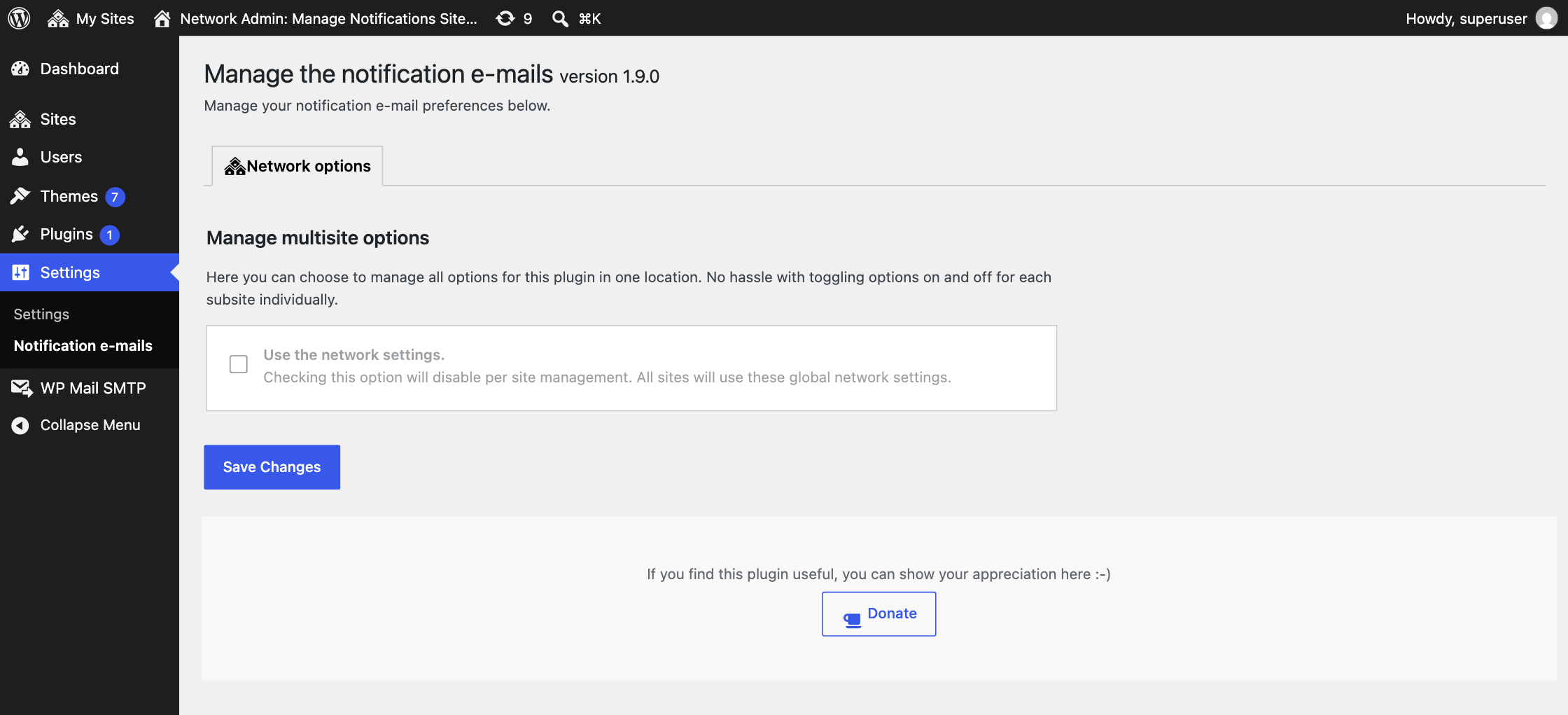 Settings view: Multi-site network settings.