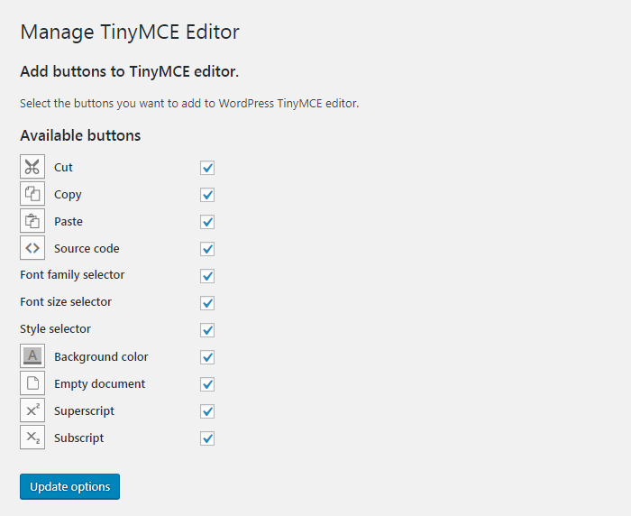 Add buttons to Worpress TinyMCE visual editor in the plugin's settings page.