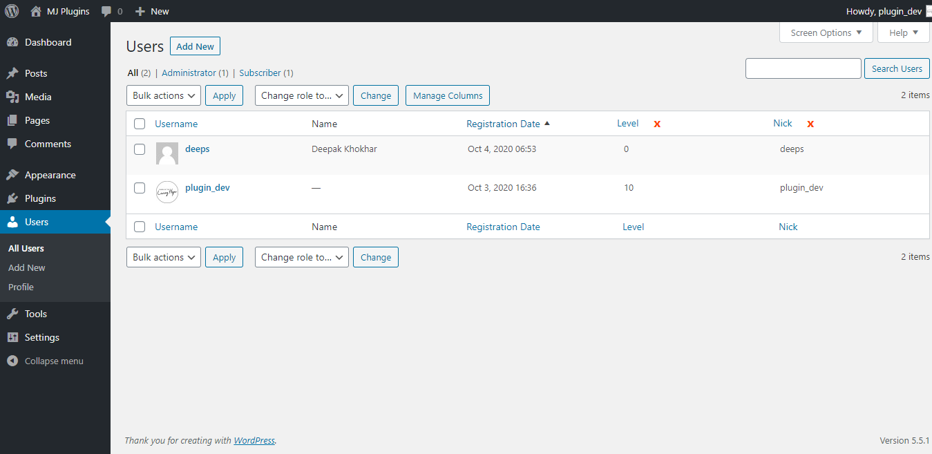 Users list with sortable columns