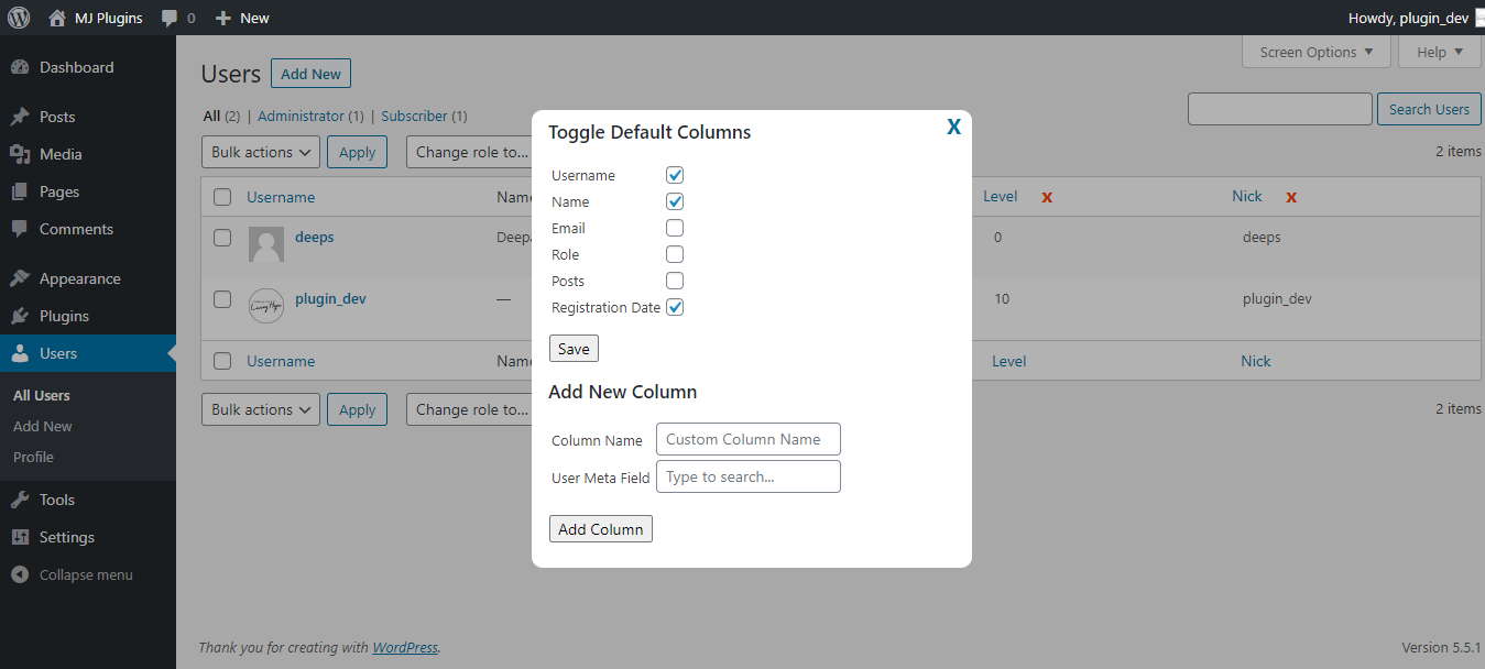 Manage columns from popup