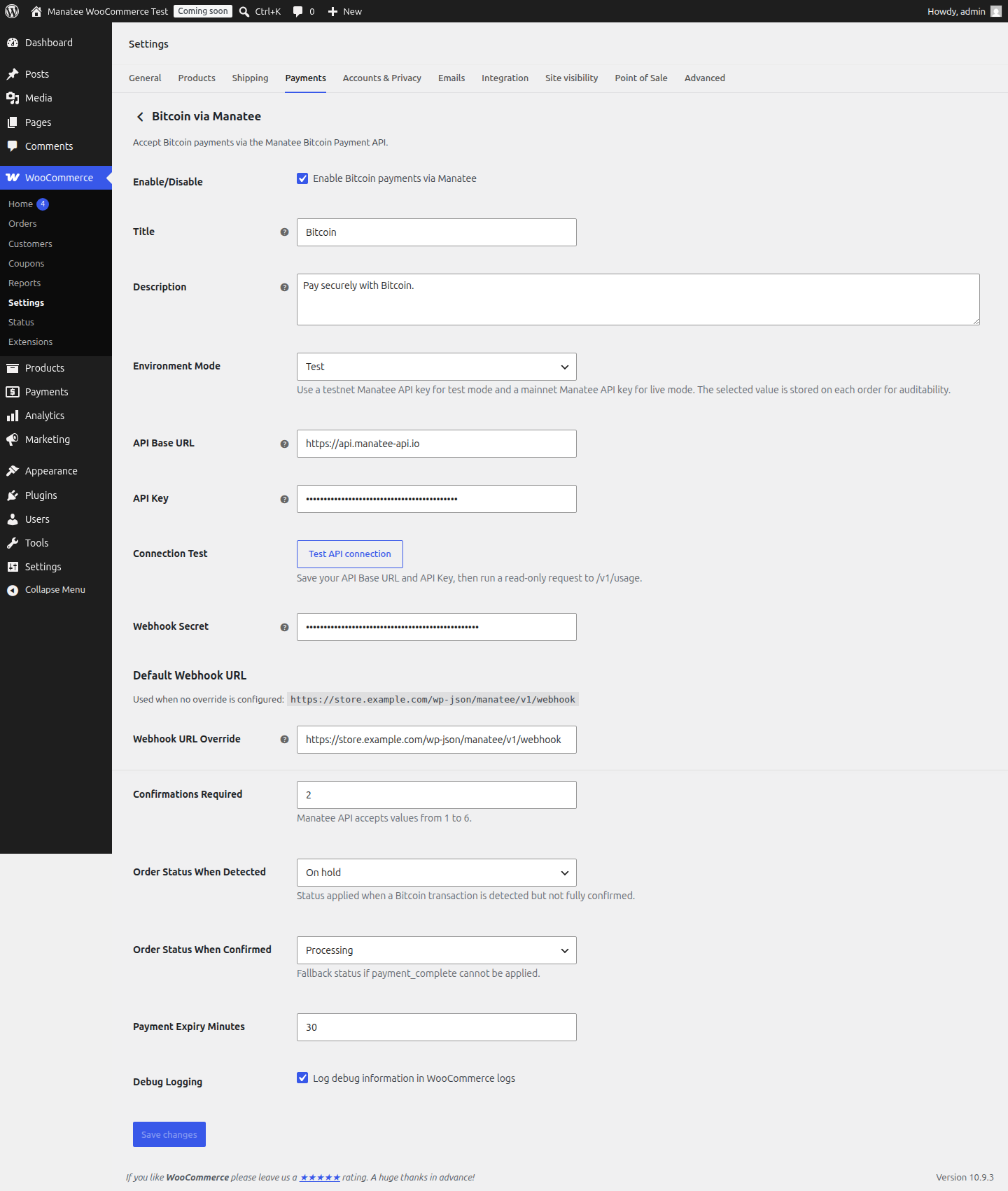 Gateway settings with environment mode, API credentials, webhook secret, confirmation settings, expiry, and connection test.