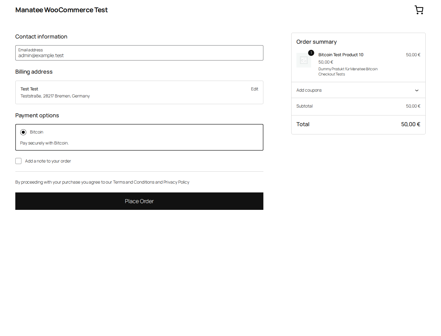 WooCommerce checkout showing Bitcoin via Manatee as a payment method.