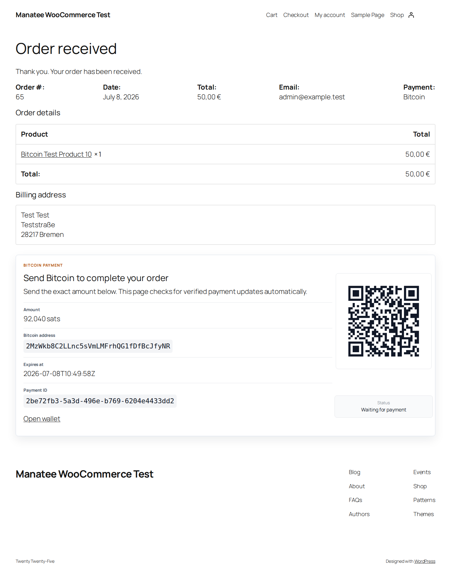 Customer payment screen with Bitcoin address, satoshi amount, wallet URI button, local QR code, expiry, and status.