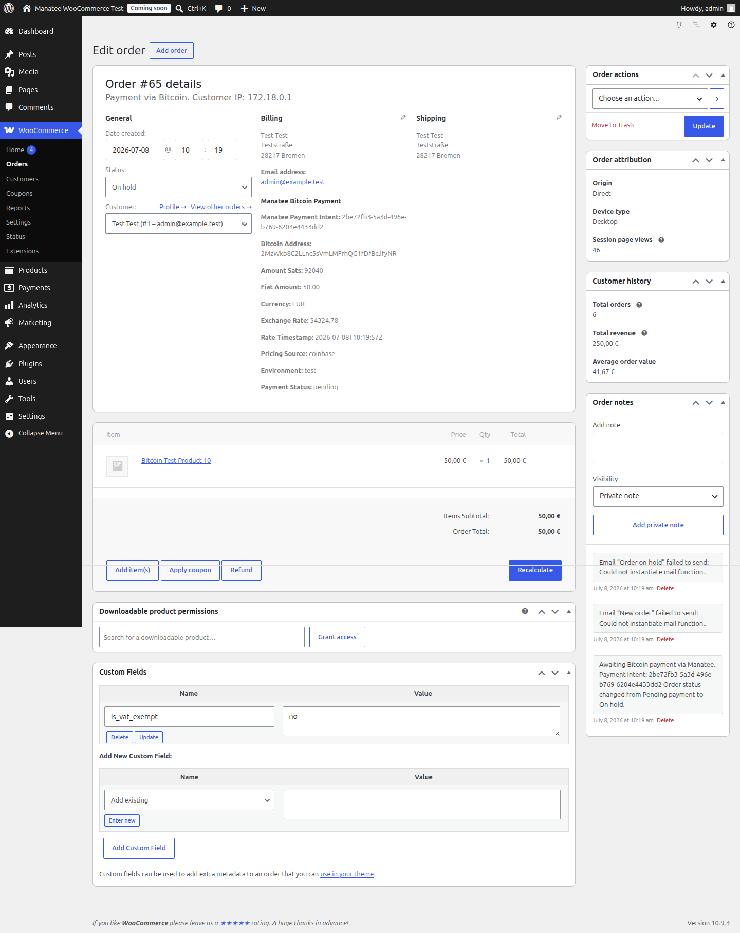 WooCommerce order details showing Manatee payment metadata.