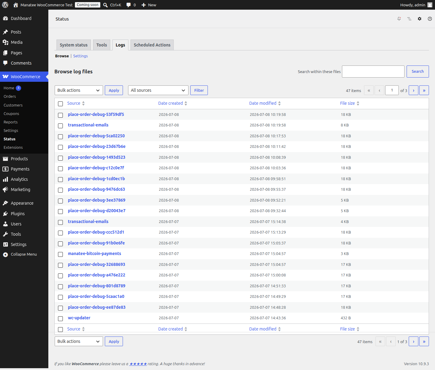 WooCommerce logs and status feedback for Manatee API and webhook events.