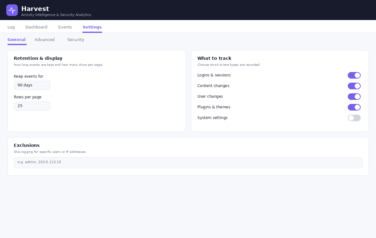 Settings — control what's tracked, retention, and exclusions.