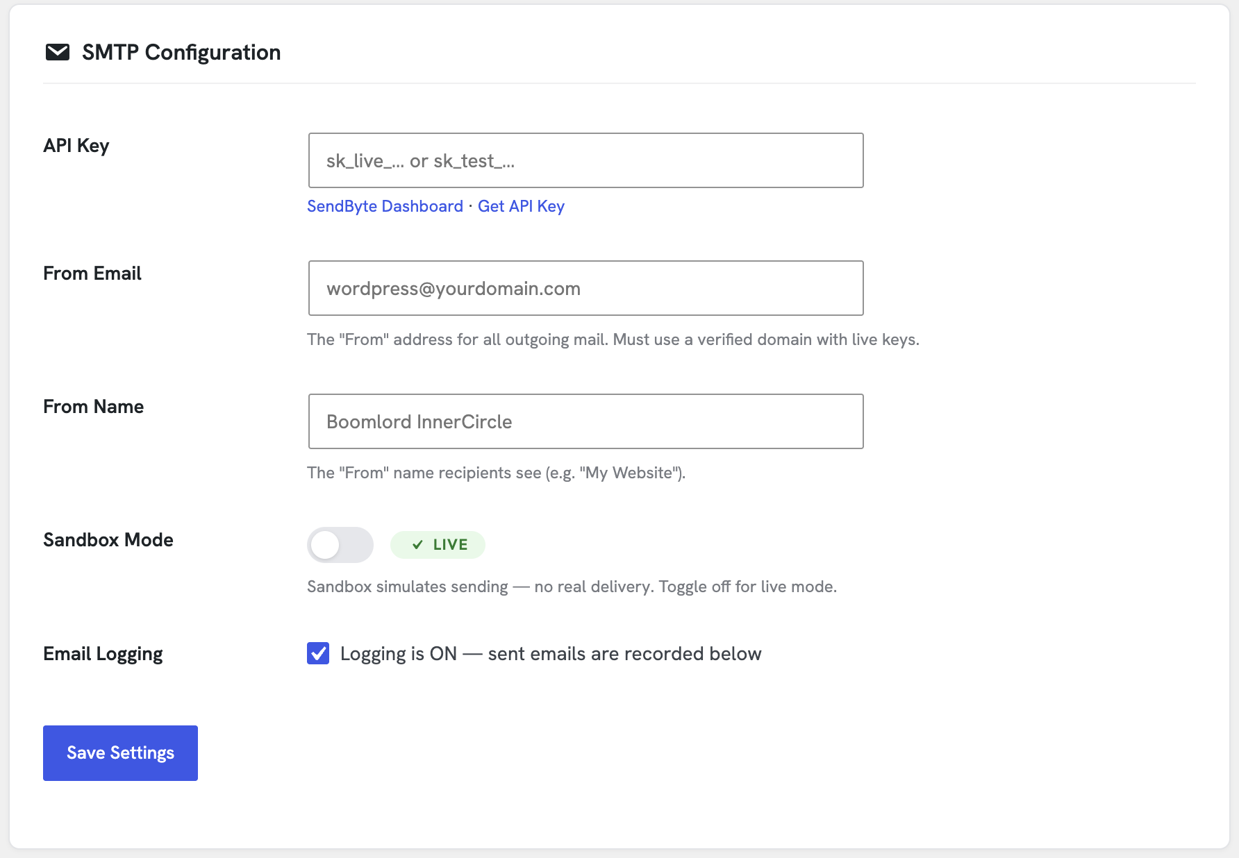 SMTP configuration, sandbox toggle, test email, and email log in the settings page.